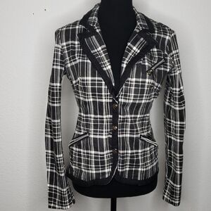 TRIPP NYC Junior Black White Plaid Button Skull Blazer Jacket Size L Grunge Punk